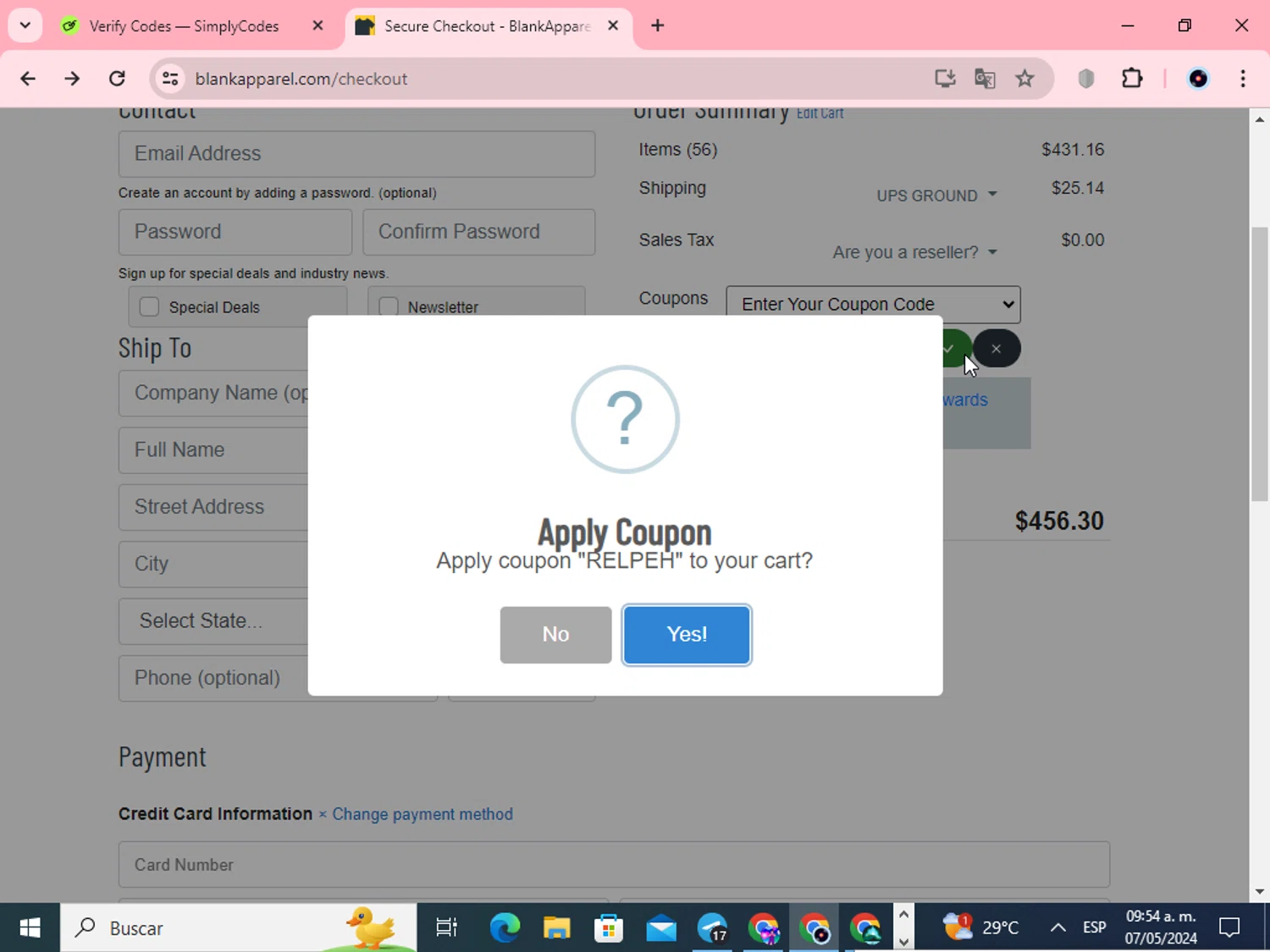 Blank Apparel checkout page showing Blank Apparel coupon code box | Screenshot taken by SimplyCodes community member on May 7, 2024