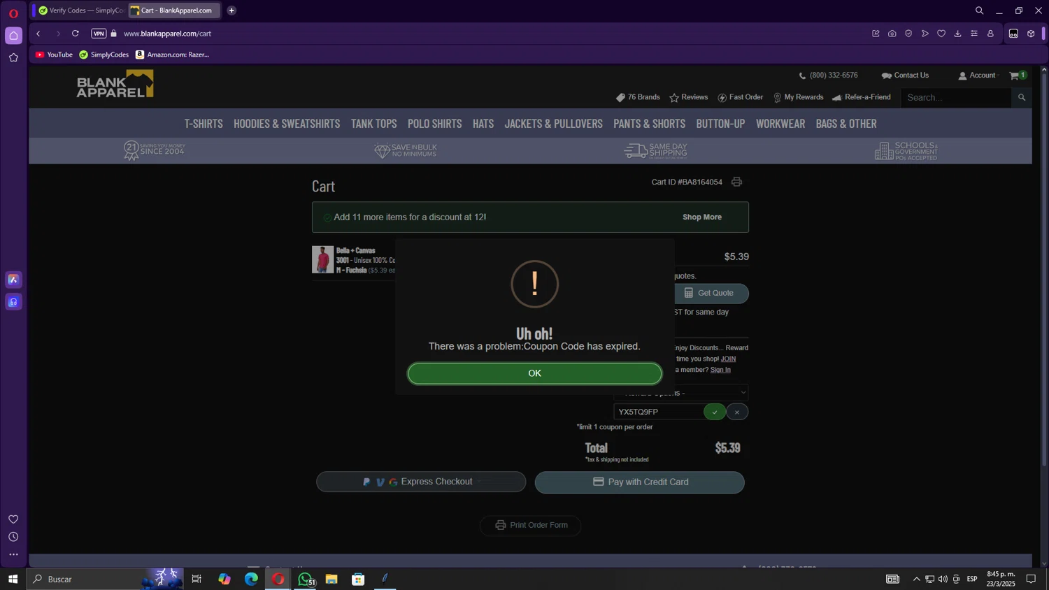 Blank Apparel coupon code screenshot showing code YX5TQ9FP applied at Blank Apparel checkout page. Uploaded by SimplyCodes community member Gojira on Mar 24, 2025