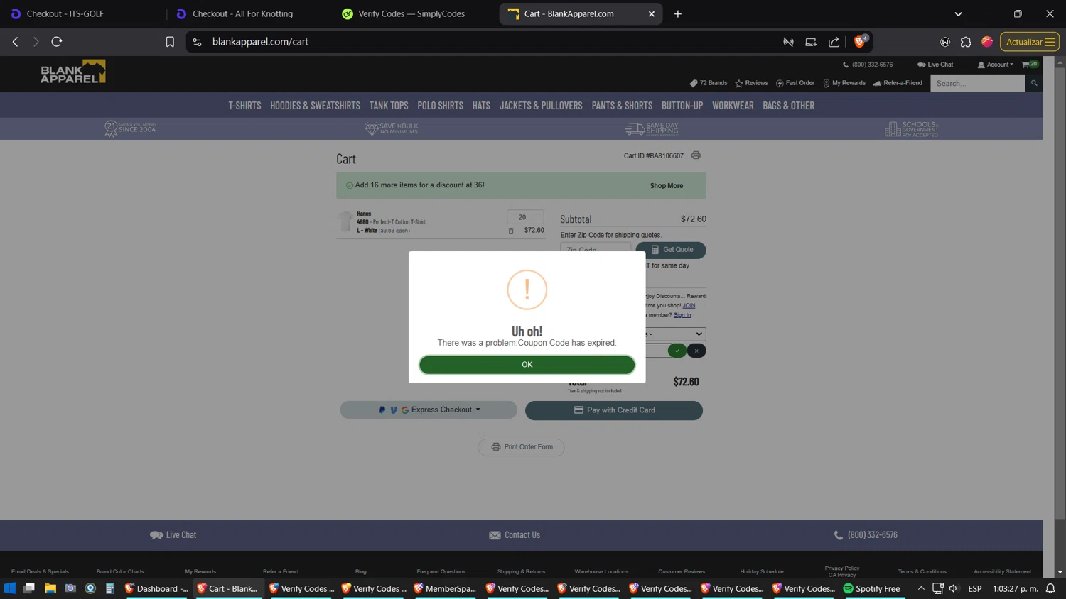 Blank Apparel coupon code screenshot showing code YX5TQ9FP applied at Blank Apparel checkout page. Uploaded by SimplyCodes community member verifier_983798000 on Feb 20, 2025