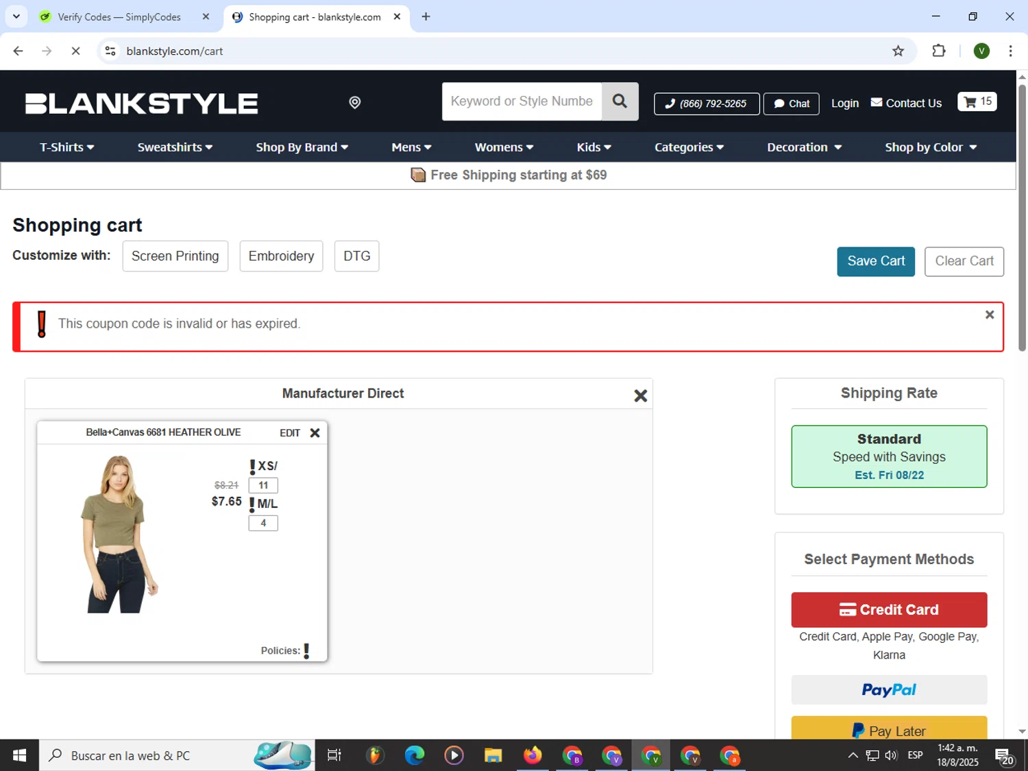 Blankstyle coupon code screenshot showing code HELLOFALL applied at Blankstyle checkout page. Uploaded by SimplyCodes community member PrimeWizard4168 on Aug 18, 2025