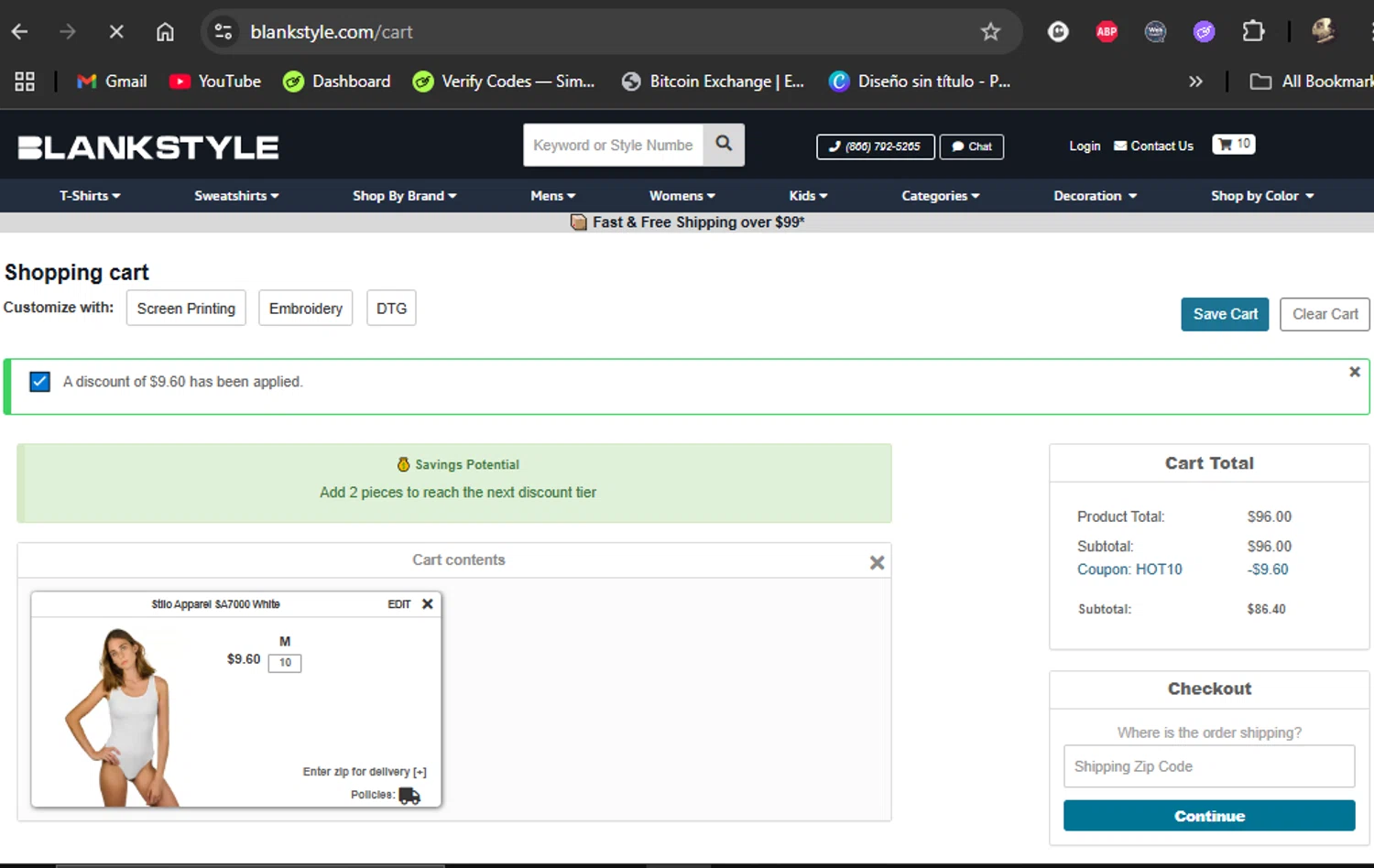 Blankstyle coupon code screenshot showing code HOT10 applied at Blankstyle checkout page. Uploaded by SimplyCodes community member LiShang on May 7, 2025