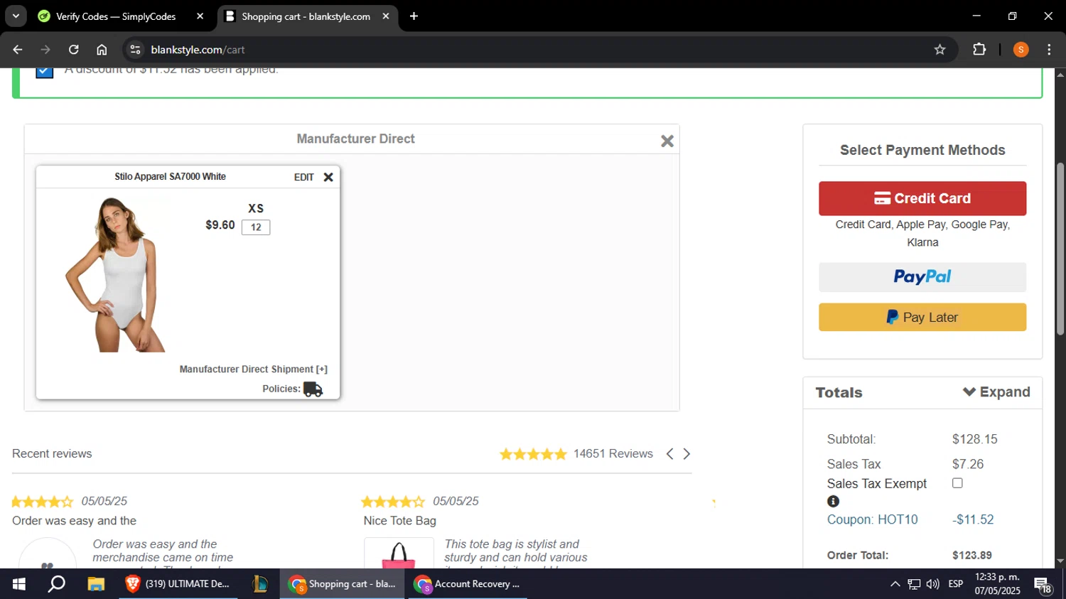 Blankstyle coupon code screenshot showing code HOT10 applied at Blankstyle checkout page. Uploaded by SimplyCodes community member StevenZarraga on May 7, 2025