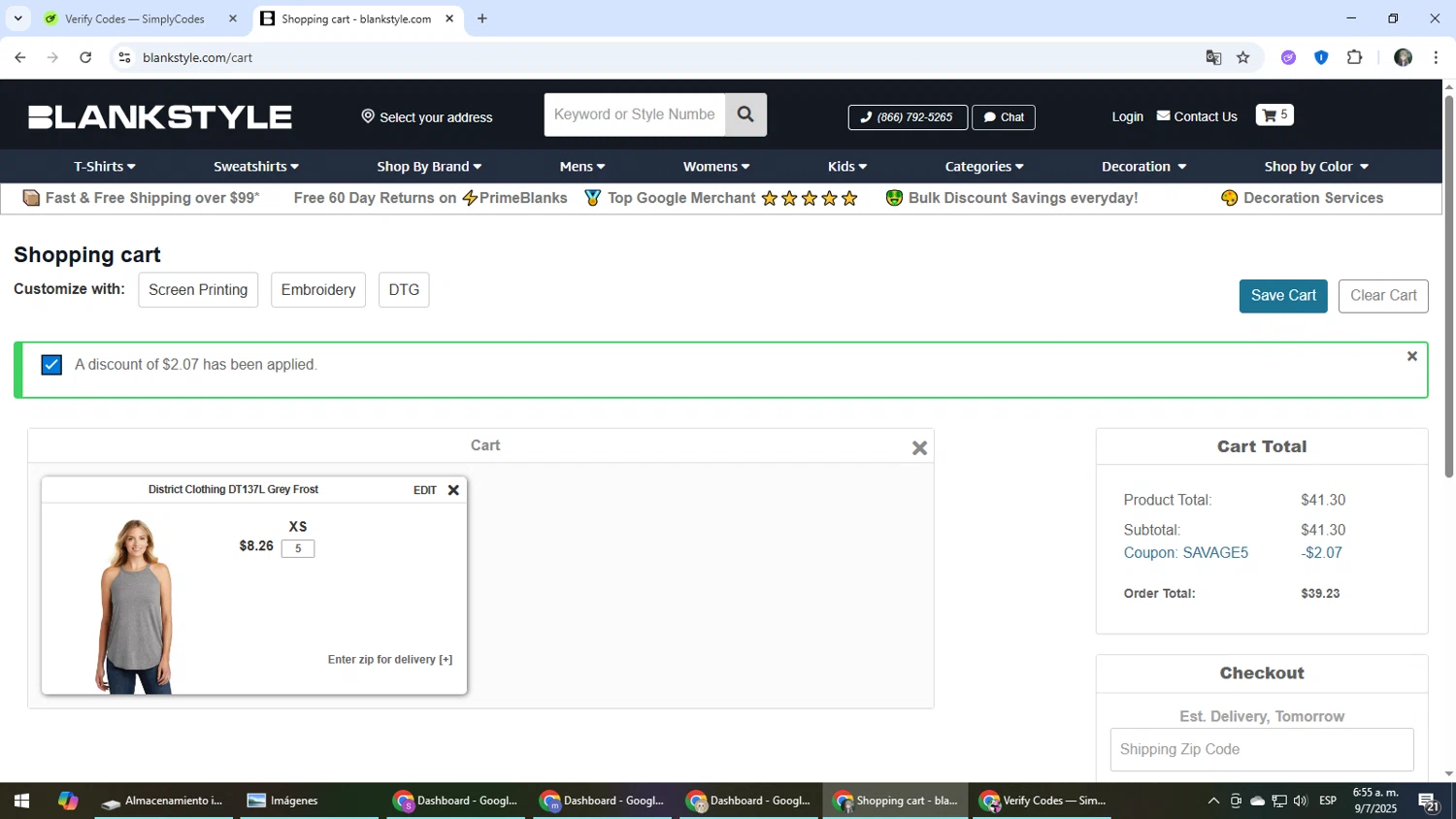 Blankstyle coupon code screenshot showing code SAVAGE5 applied at Blankstyle checkout page. Uploaded by SimplyCodes community member CleverLynx6871 on Jul 9, 2025