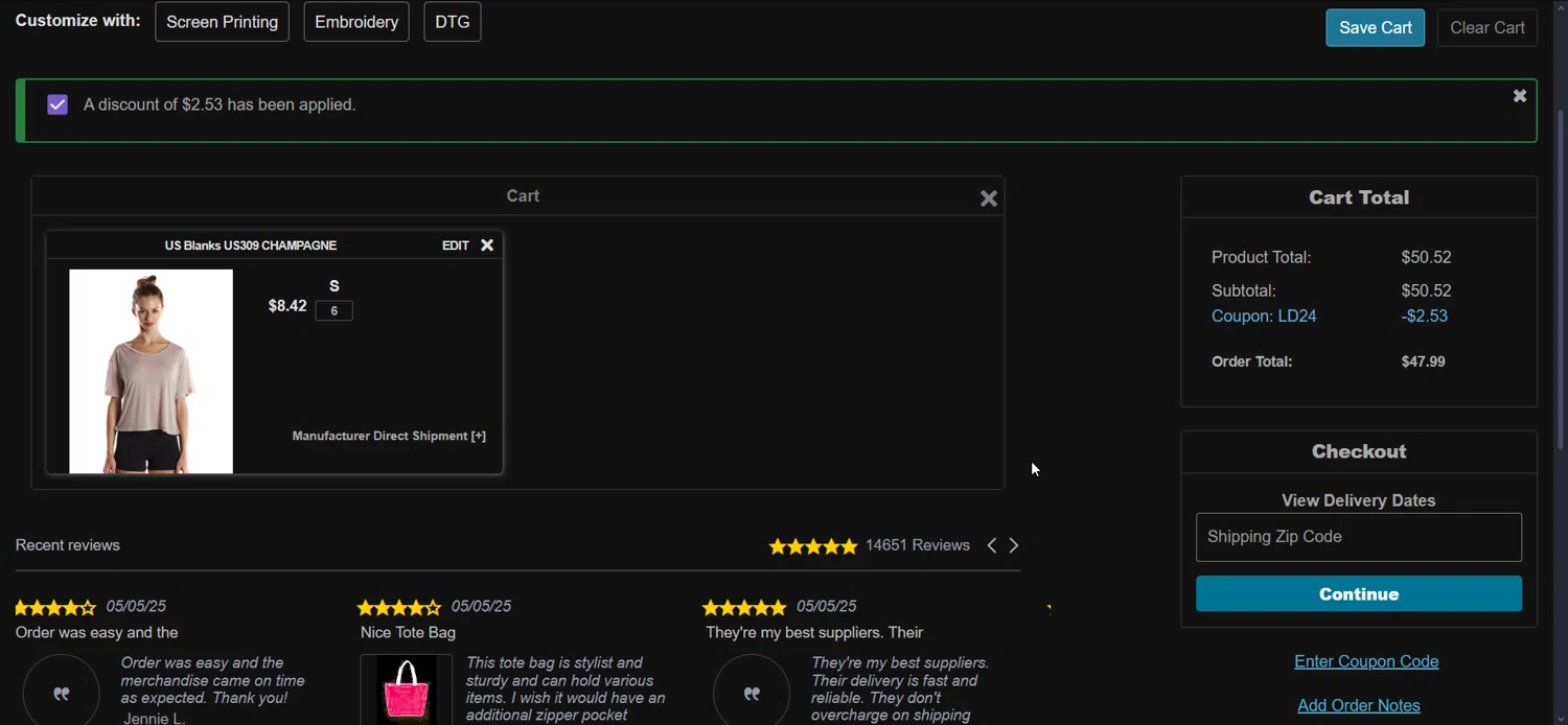 Blankstyle coupon code screenshot showing code LD24 applied at Blankstyle checkout page. Uploaded by SimplyCodes community member KarlLM on May 7, 2025