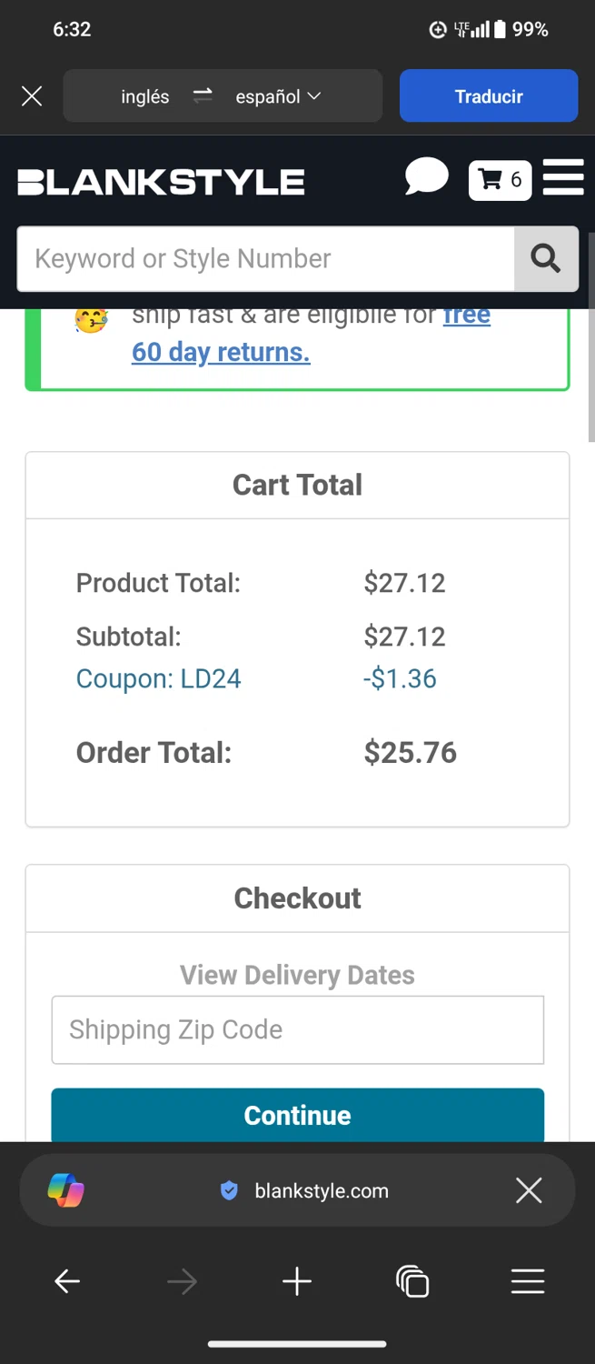 Blankstyle coupon code screenshot showing code LD24 applied at Blankstyle checkout page. Uploaded by SimplyCodes community member MagnificentTiger8908 on Jun 5, 2025
