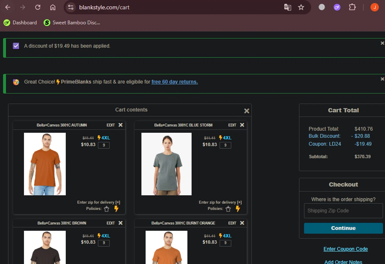 Blankstyle coupon code screenshot showing code LD24 applied at Blankstyle checkout page. Uploaded by SimplyCodes community member idkxxx on Jul 4, 2025