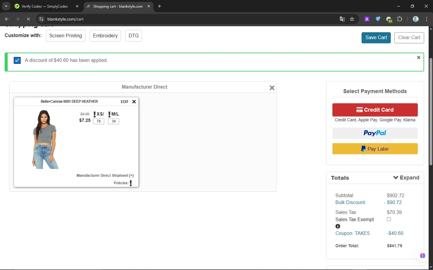 Blankstyle coupon code screenshot showing code TAKE5 applied at Blankstyle checkout page. Uploaded by SimplyCodes community member NobleScholar188 on Jun 9, 2025