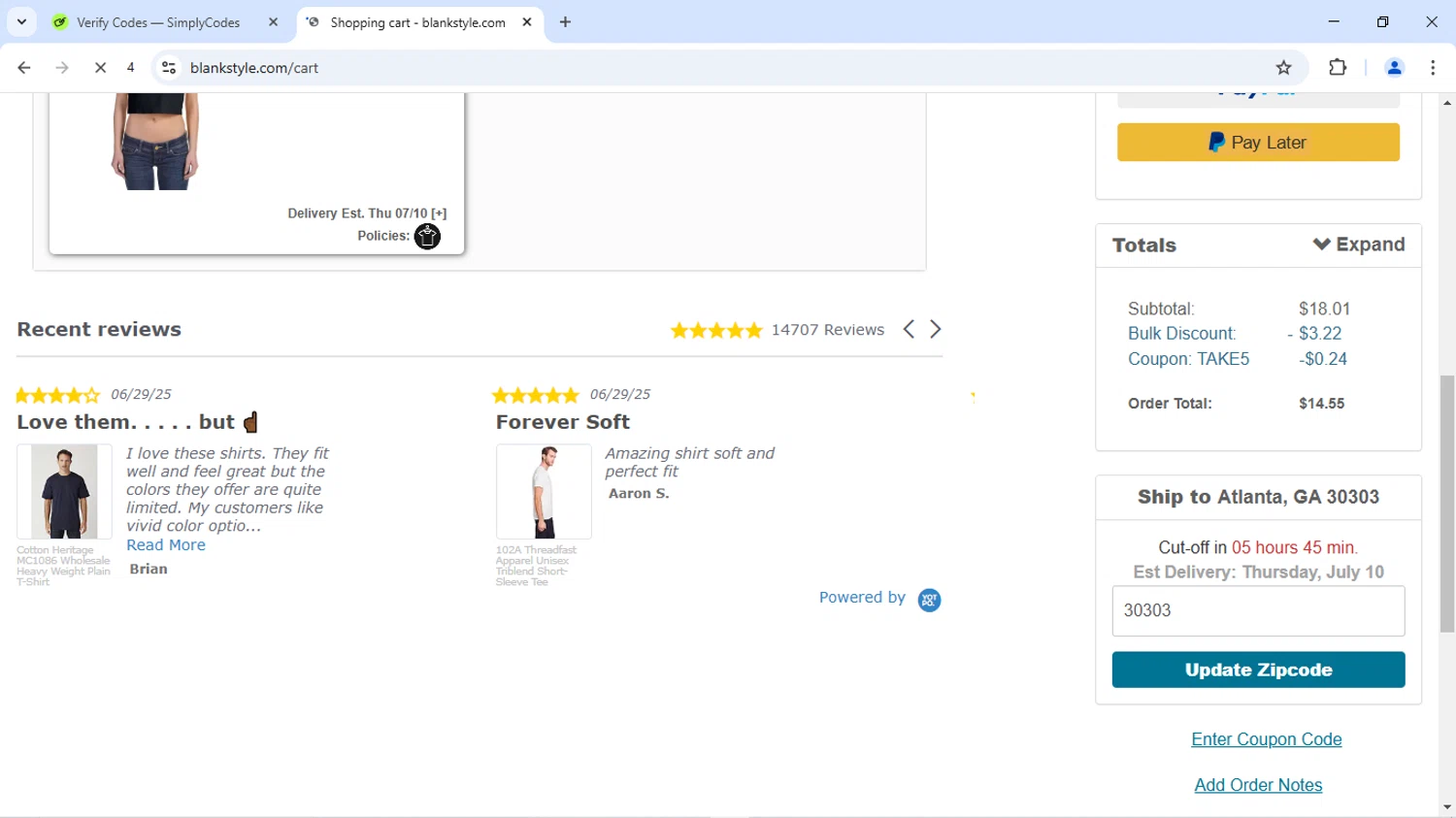 Blankstyle coupon code screenshot showing code TAKE5 applied at Blankstyle checkout page. Uploaded by SimplyCodes community member SofiaVentura on Jul 8, 2025