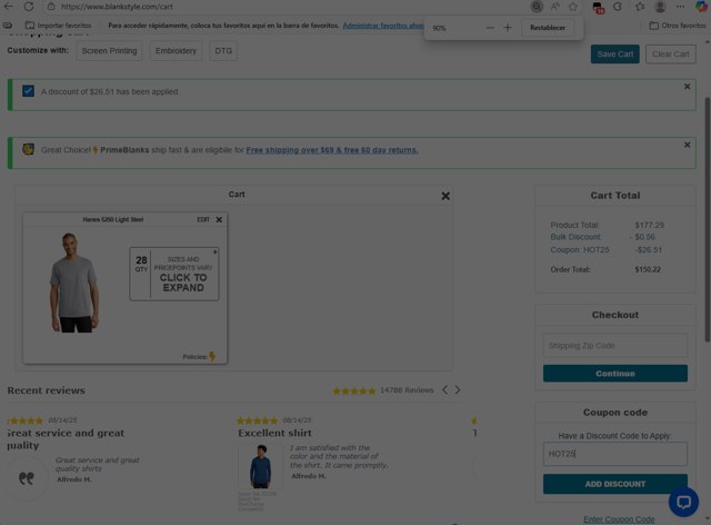Blankstyle checkout page showing Blankstyle coupon code box | Screenshot taken by SimplyCodes community member on Aug 15, 2025