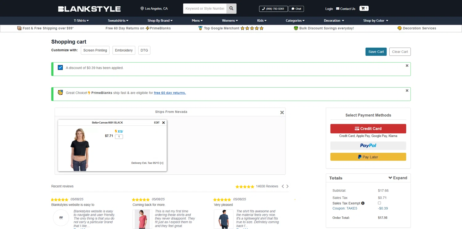Blankstyle coupon code screenshot showing code TAKE5 applied at Blankstyle checkout page. Uploaded by SimplyCodes community member Dorothy on May 11, 2025