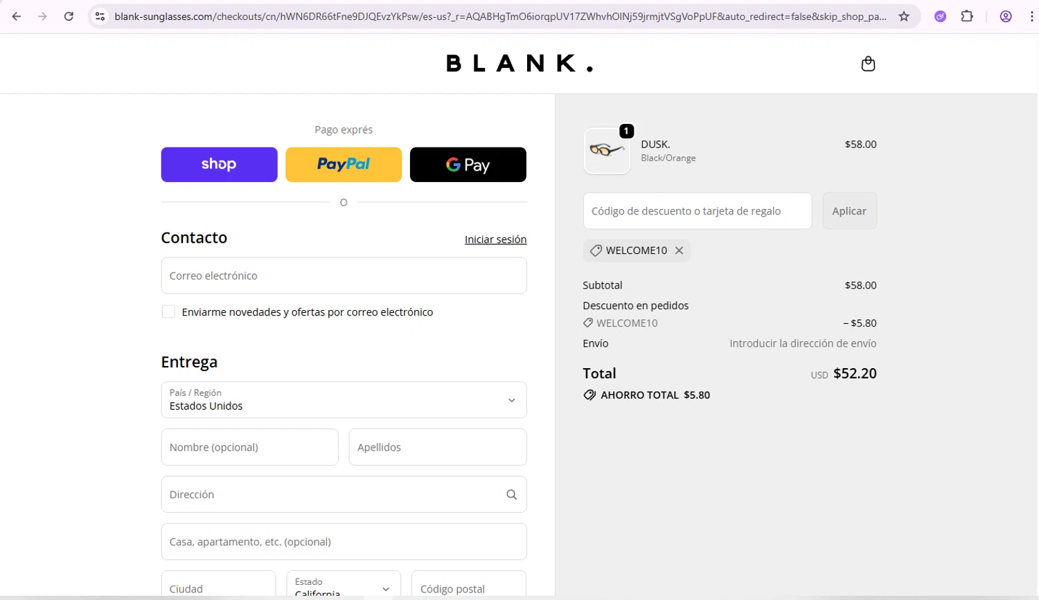 Blank Sunglasses discount code screenshot showing code welcome10 applied at Blank Sunglasses checkout page. Uploaded by SimplyCodes community member SmartDefender5487 on Dec 9, 2025