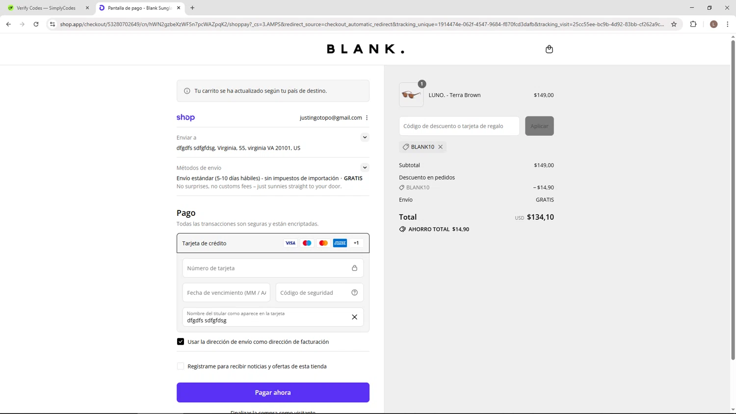 Blank Sunglasses discount code screenshot showing code BLANK10 applied at Blank Sunglasses checkout page. Uploaded by SimplyCodes community member BENELLI on Sep 7, 2025