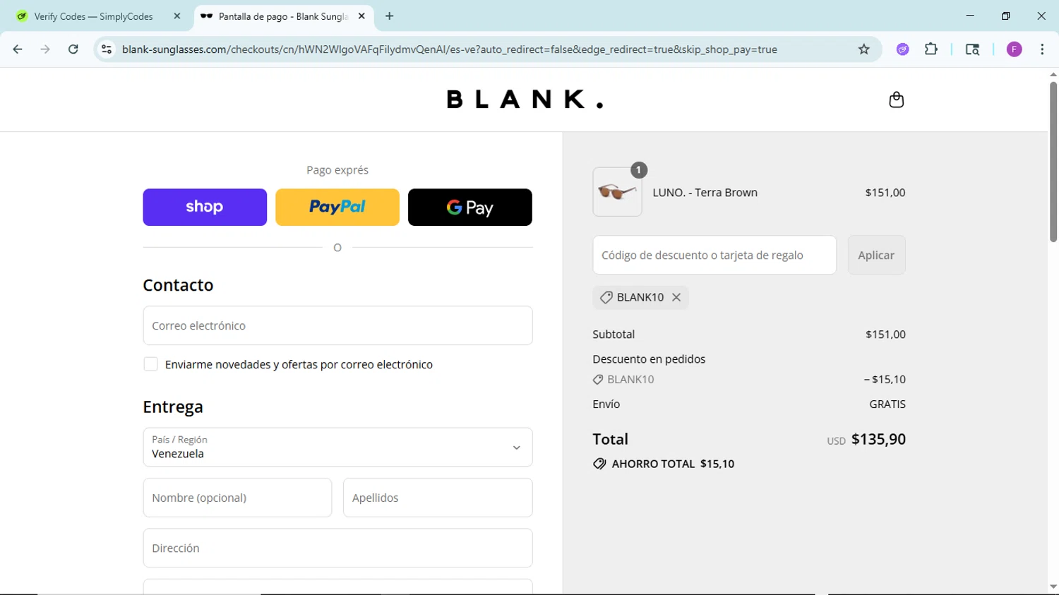 Blank Sunglasses discount code screenshot showing code BLANK10 applied at Blank Sunglasses checkout page. Uploaded by SimplyCodes community member ShieldTitan6985 on Sep 2, 2025