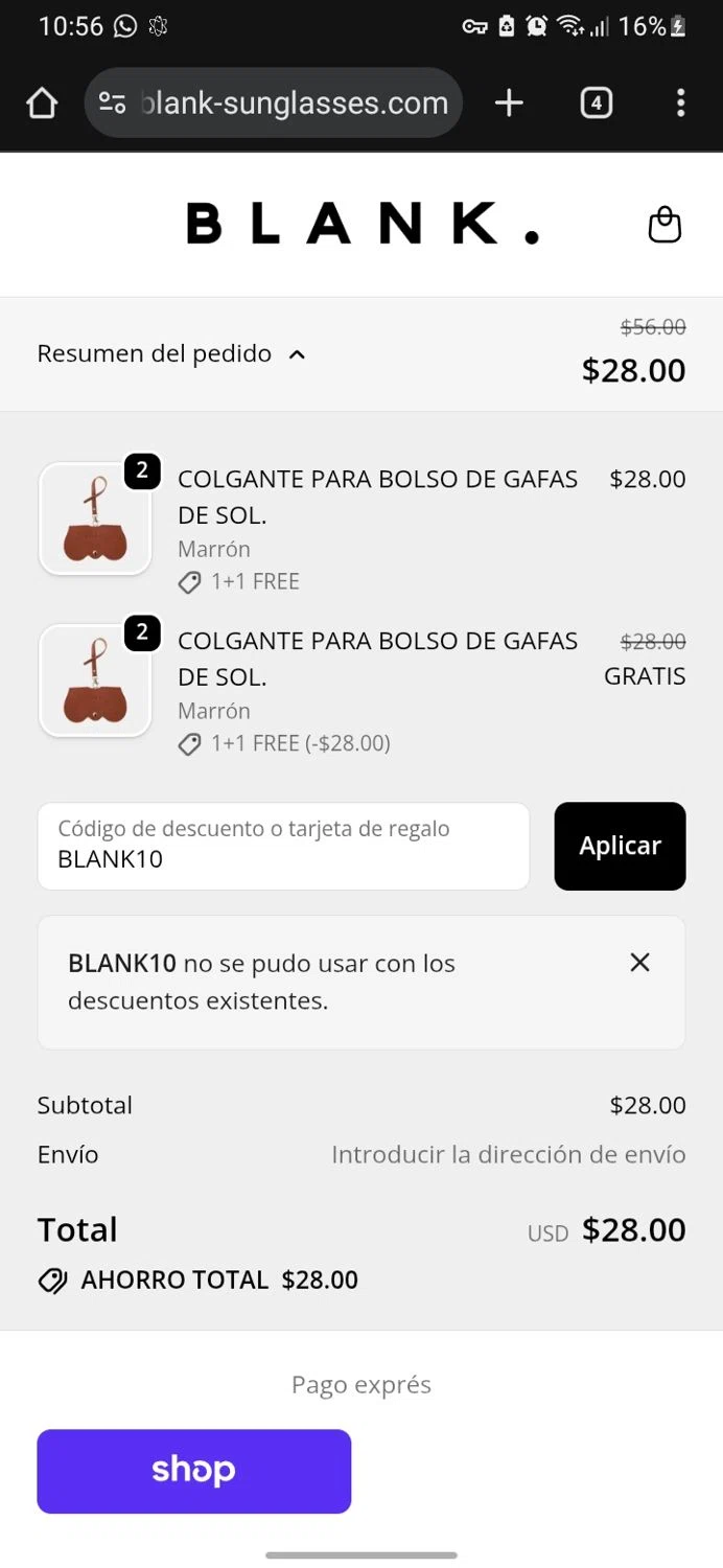 Blank Sunglasses discount code screenshot showing code BLANK10 applied at Blank Sunglasses checkout page. Uploaded by SimplyCodes community member miguelcrast on Nov 18, 2025