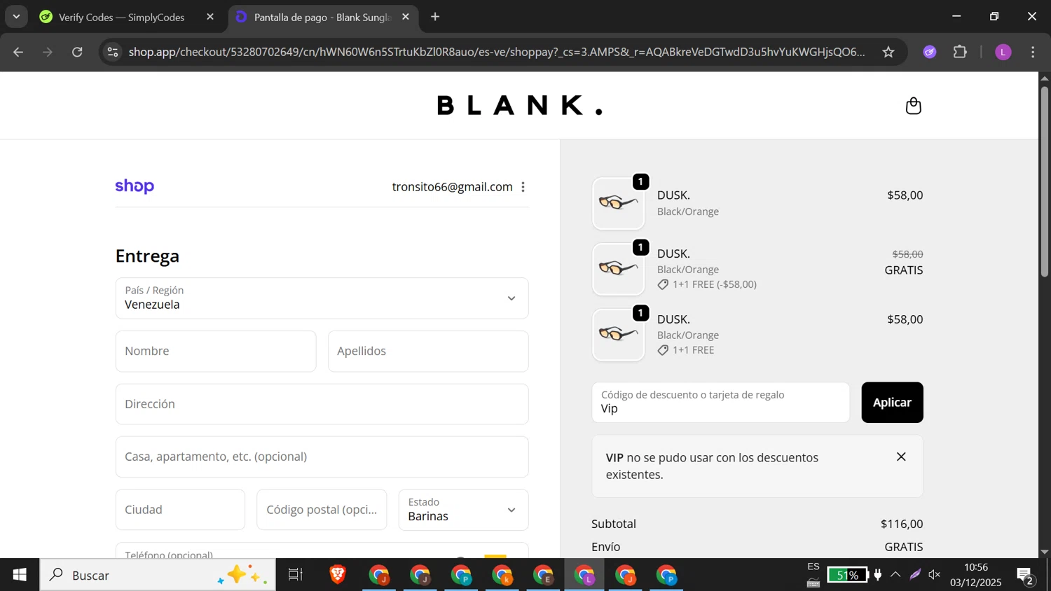 Blank Sunglasses discount code screenshot showing code Vip applied at Blank Sunglasses checkout page. Uploaded by SimplyCodes community member DiscountMonarch2312 on Dec 3, 2025
