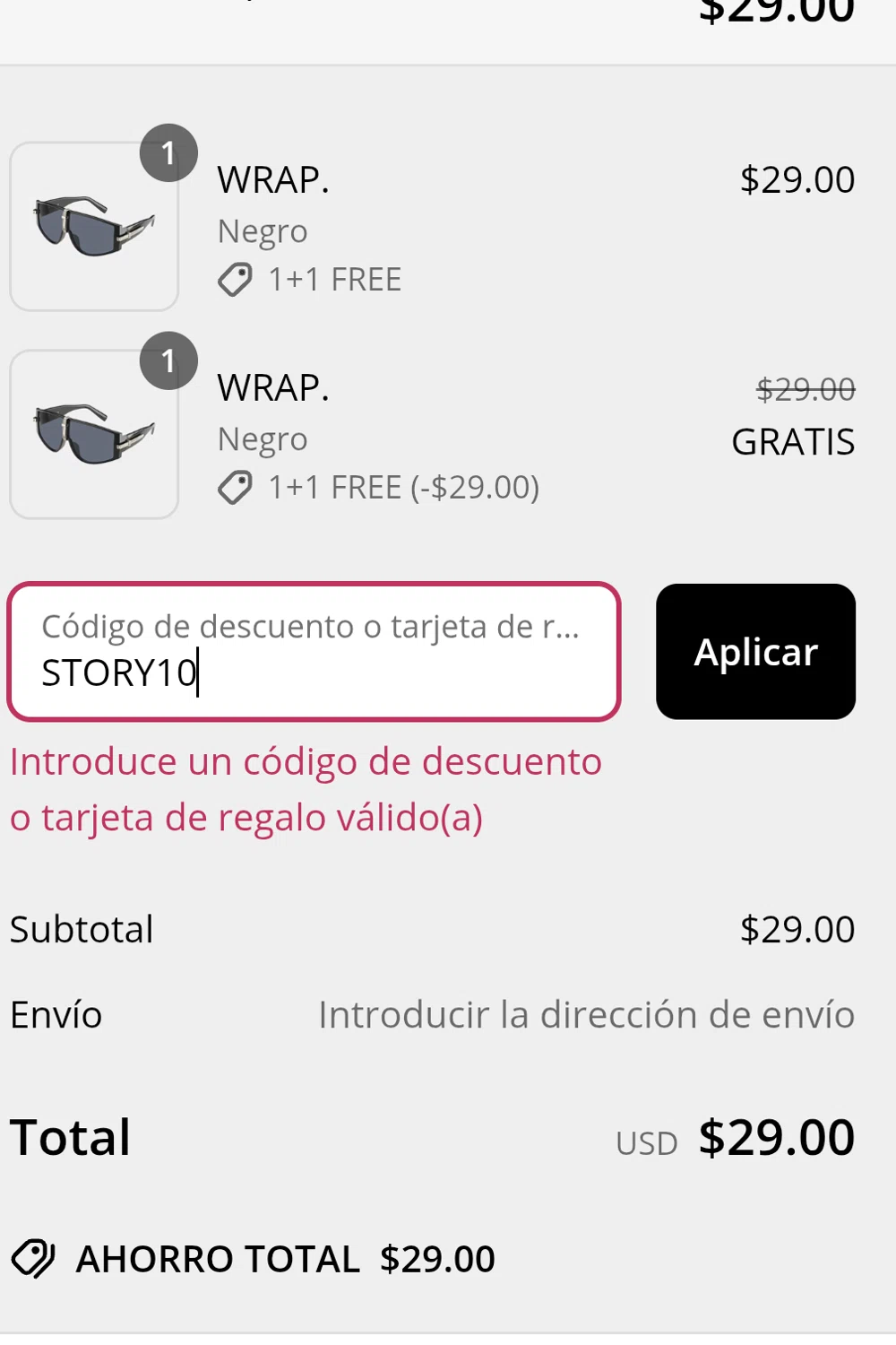 Blank Sunglasses discount code screenshot showing code STORY10 applied at Blank Sunglasses checkout page. Uploaded by SimplyCodes community member Geran369 on Apr 25, 2025