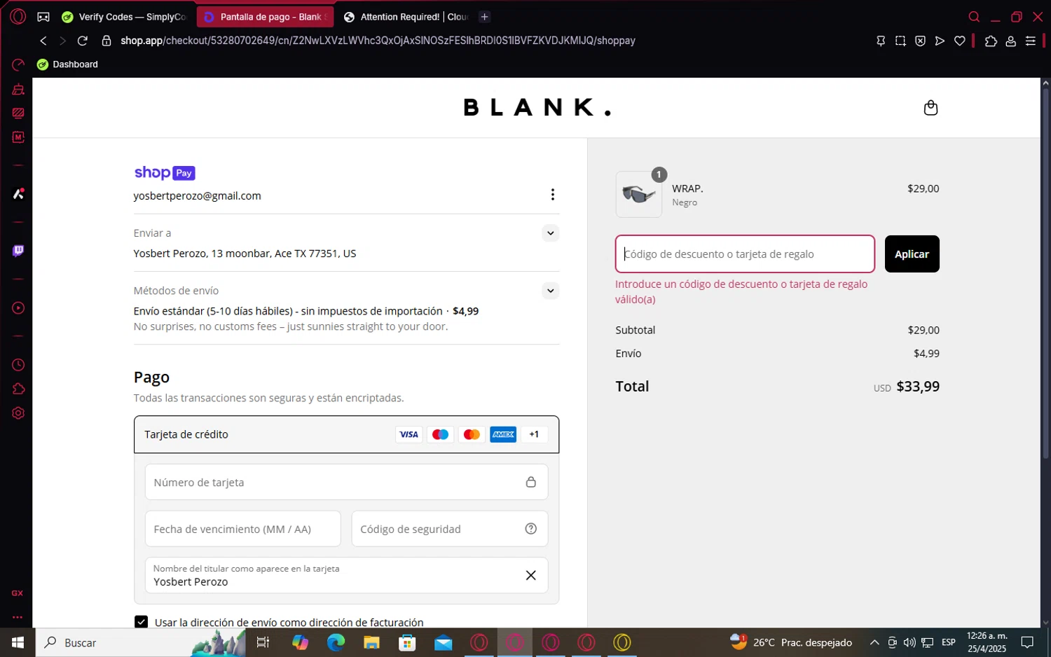 Blank Sunglasses discount code screenshot showing code STORY10 applied at Blank Sunglasses checkout page. Uploaded by SimplyCodes community member CoinSaver6395 on Apr 25, 2025
