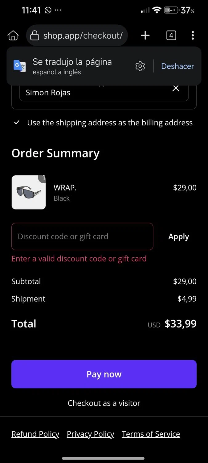 Blank Sunglasses discount code screenshot showing code STORY10 applied at Blank Sunglasses checkout page. Uploaded by SimplyCodes community member cuenta03 on Apr 25, 2025