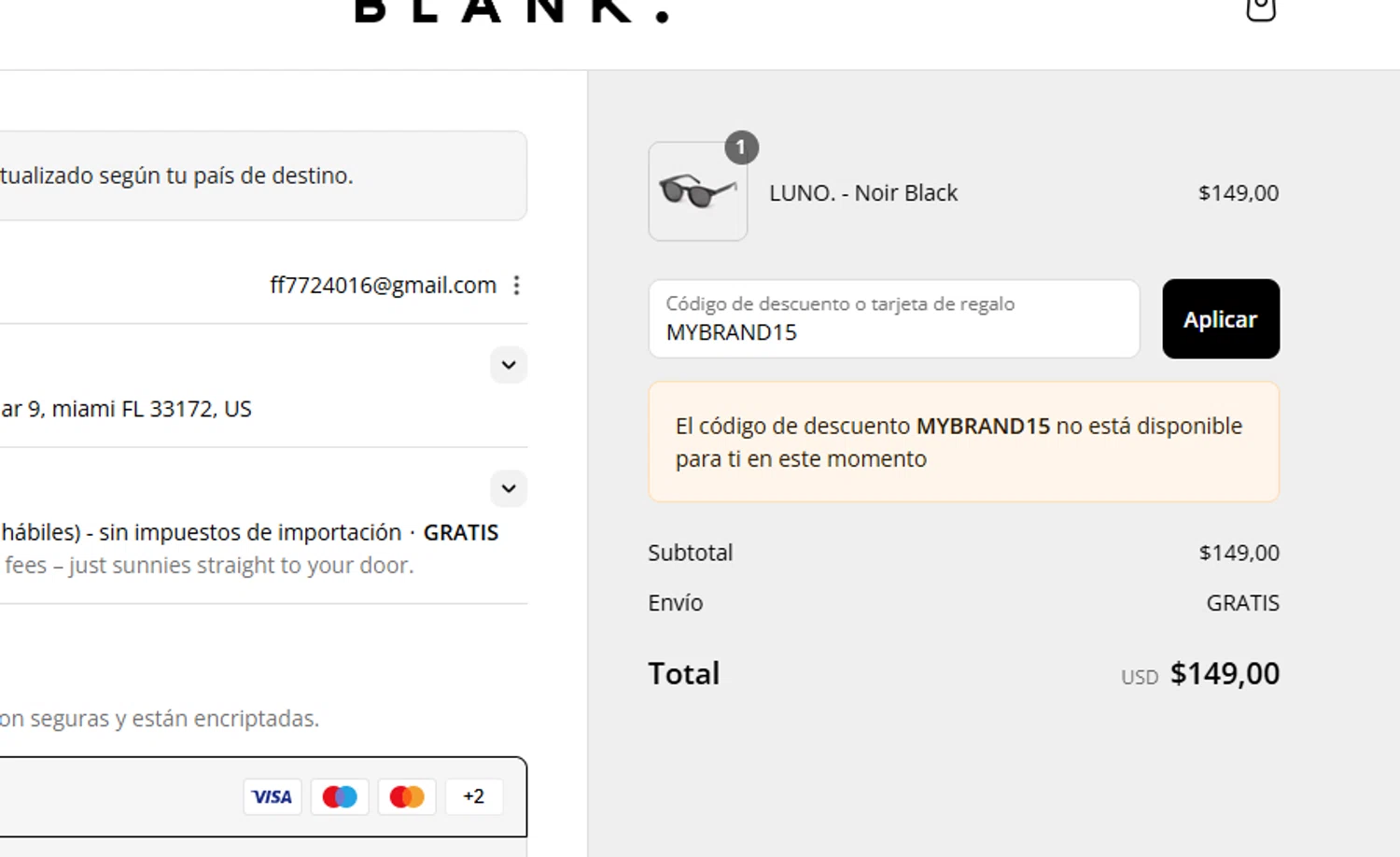 Blank Sunglasses discount code screenshot showing code MYBRAND15 applied at Blank Sunglasses checkout page. Uploaded by SimplyCodes community member BonusDefender8823 on Sep 15, 2025