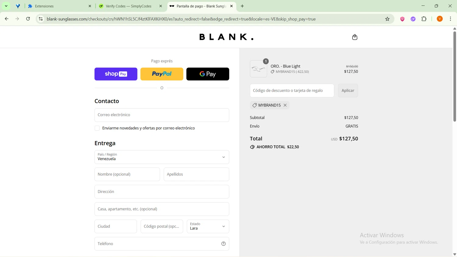 Blank Sunglasses discount code screenshot showing code MYBRAND15 applied at Blank Sunglasses checkout page. Uploaded by SimplyCodes community member SavingsFinder9954 on Aug 12, 2025