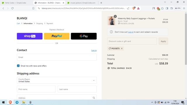 Blanqi checkout page showing Blanqi discount code box | Screenshot taken by SimplyCodes community member on Apr 15, 2024