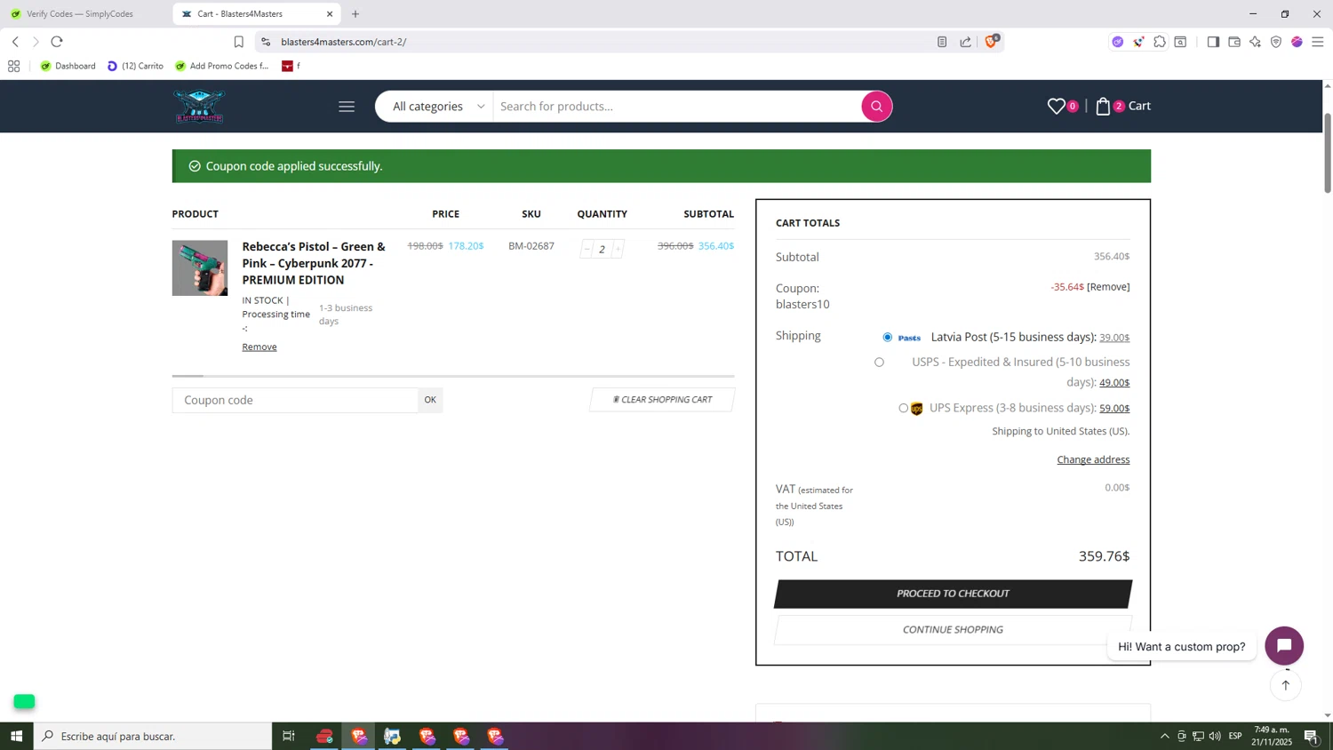 Blasters4Masters promo code screenshot showing code blasters10 applied at Blasters4Masters checkout page. Uploaded by SimplyCodes community member Nezukooo on Nov 21, 2025