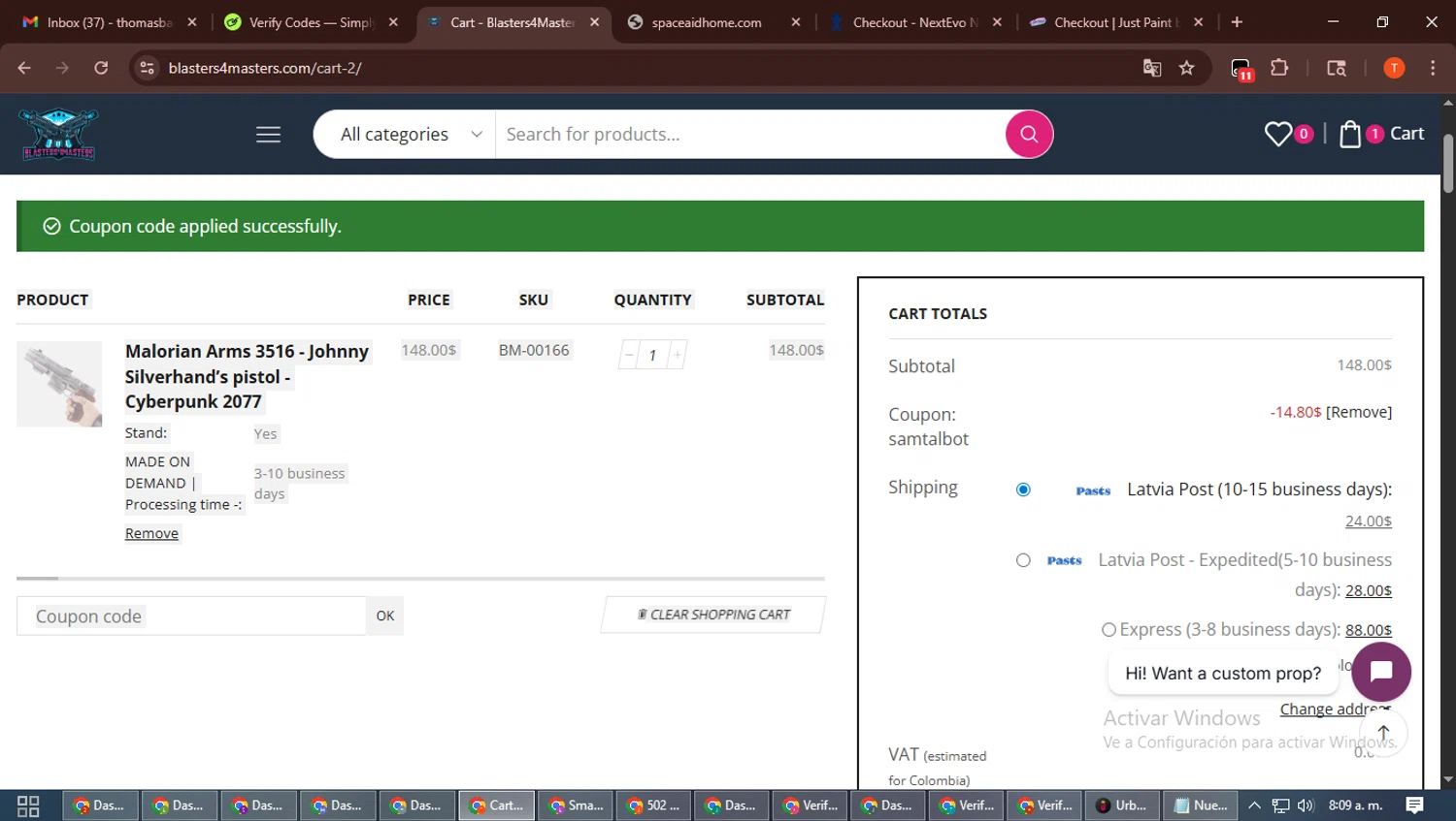 Blasters4Masters checkout page showing Blasters4Masters promo code box | Screenshot taken by SimplyCodes community member on Jan 18, 2026