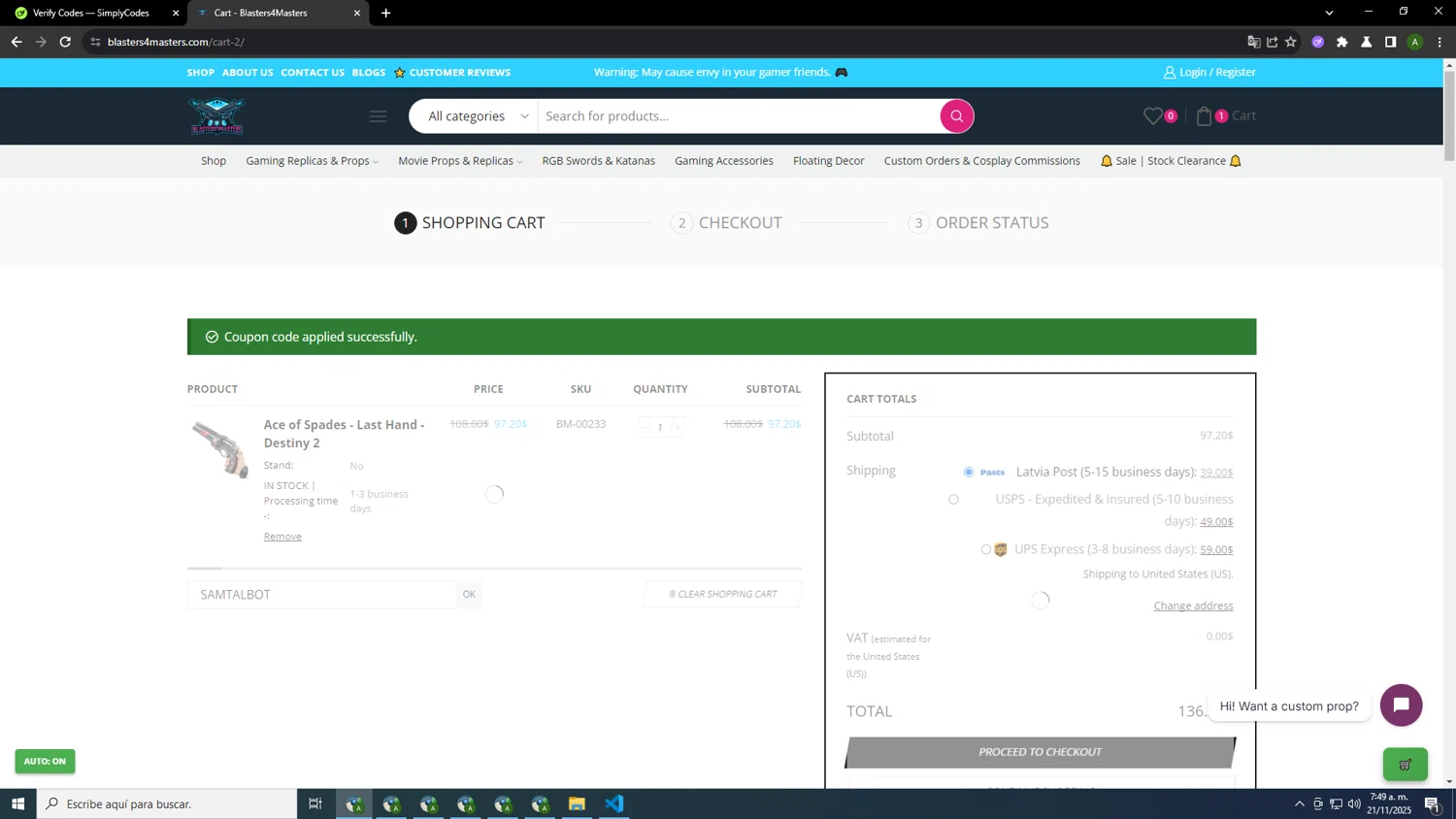 Blasters4Masters promo code screenshot showing code SAMTALBOT applied at Blasters4Masters checkout page. Uploaded by SimplyCodes community member TOKIOBOT on Nov 21, 2025