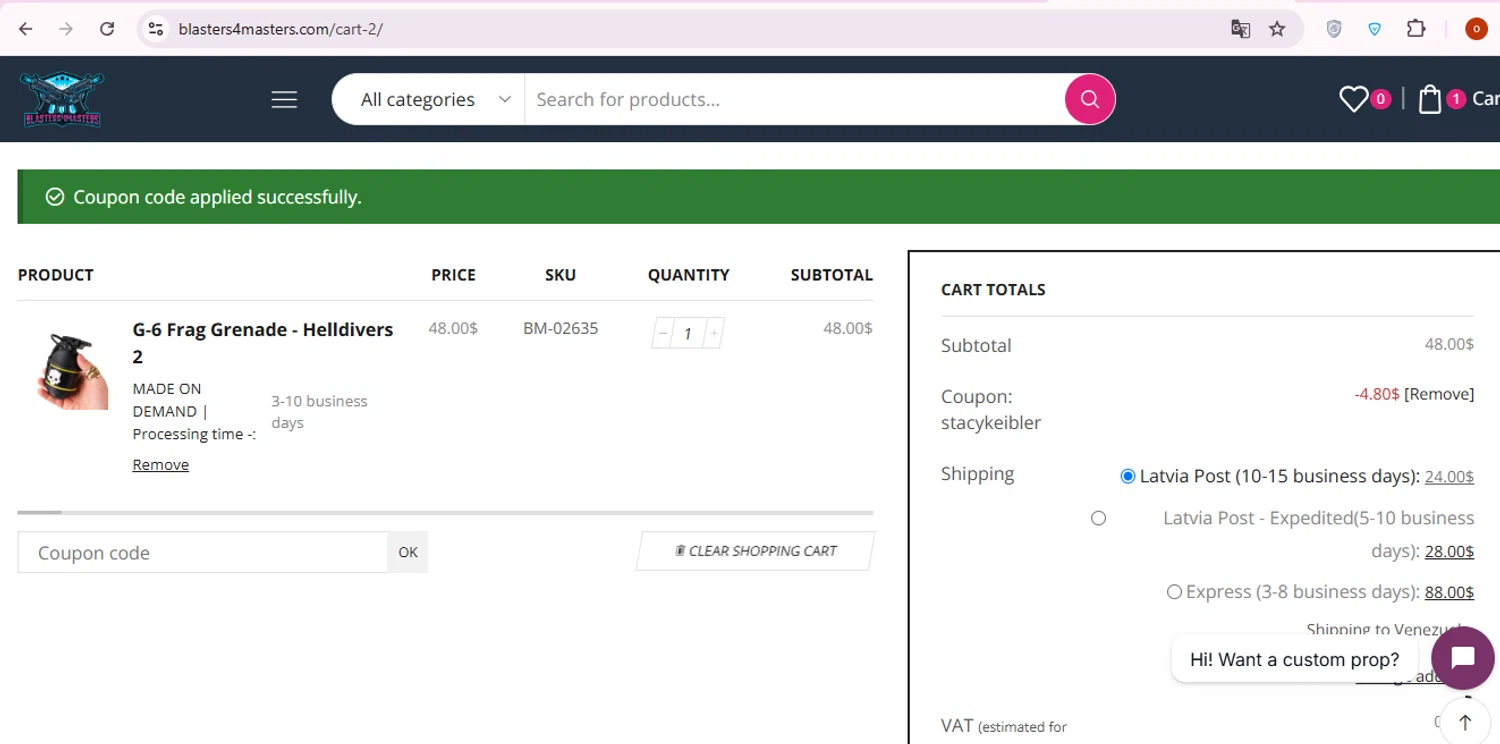 Blasters4Masters promo code screenshot showing code STACYKEIBLER applied at Blasters4Masters checkout page. Uploaded by SimplyCodes community member carol_lameda on Oct 23, 2025