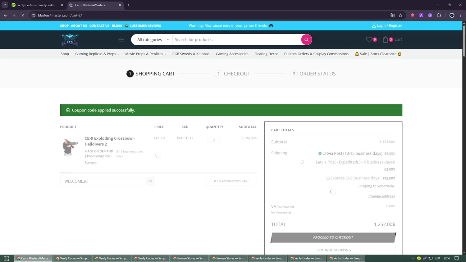 Blasters4Masters promo code screenshot showing code WELCOME20 applied at Blasters4Masters checkout page. Uploaded by SimplyCodes community member GoldRanger7074 on Oct 1, 2025