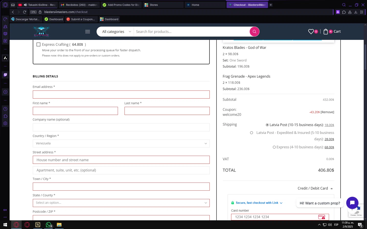 Blasters4Masters promo code screenshot showing code WELCOME20 applied at Blasters4Masters checkout page. Uploaded by SimplyCodes community member QuestShopper227 on Sep 2, 2025