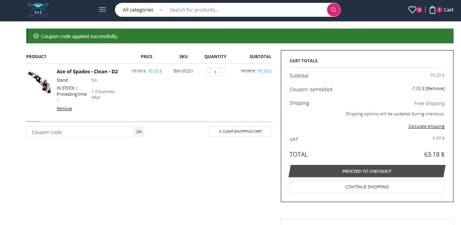 Blasters4Masters promo code screenshot showing code SAMTALBOT applied at Blasters4Masters checkout page. Uploaded by SimplyCodes community member ashe1986 on Aug 26, 2025