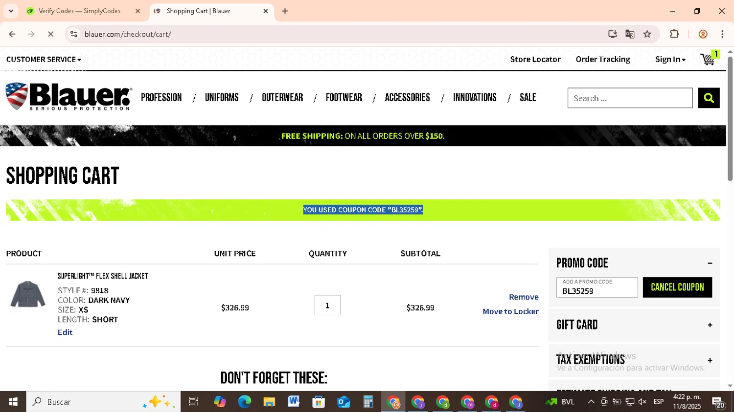 Blauer promo code screenshot showing code BL35259 applied at Blauer checkout page. Uploaded by SimplyCodes community member RebateCollector5909 on Aug 11, 2025