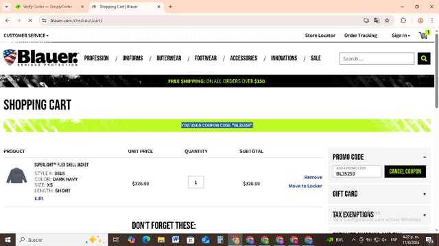 Blauer checkout page showing Blauer promo code box | Screenshot taken by SimplyCodes community member on Aug 11, 2025