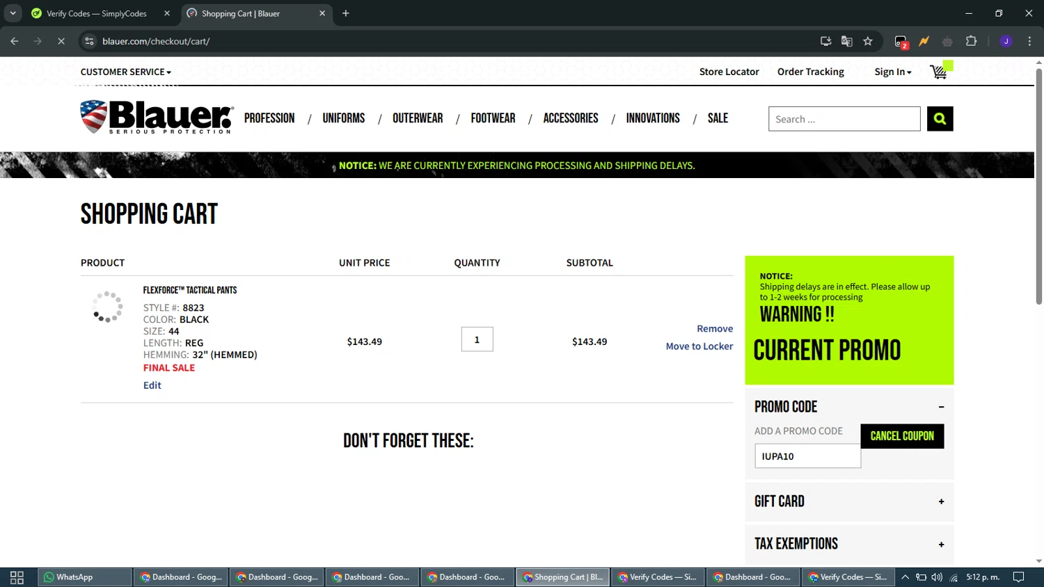 Blauer promo code screenshot showing code IUPA10 applied at Blauer checkout page. Uploaded by SimplyCodes community member WiseMaven9968 on Mar 17, 2025