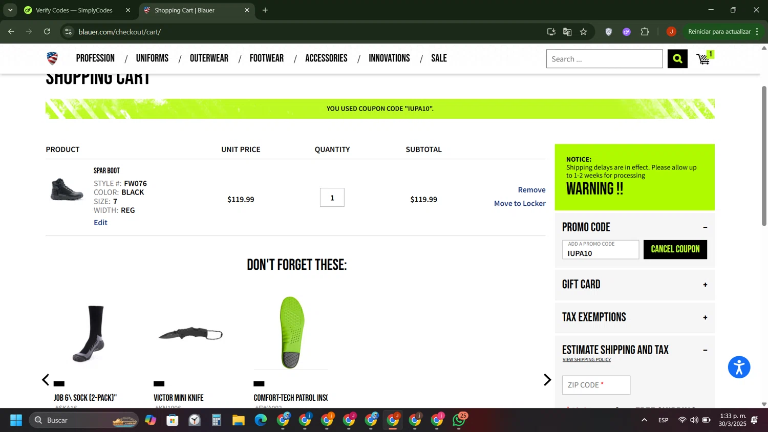 Blauer promo code screenshot showing code IUPA10 applied at Blauer checkout page. Uploaded by SimplyCodes community member ShieldAce8260 on Mar 30, 2025