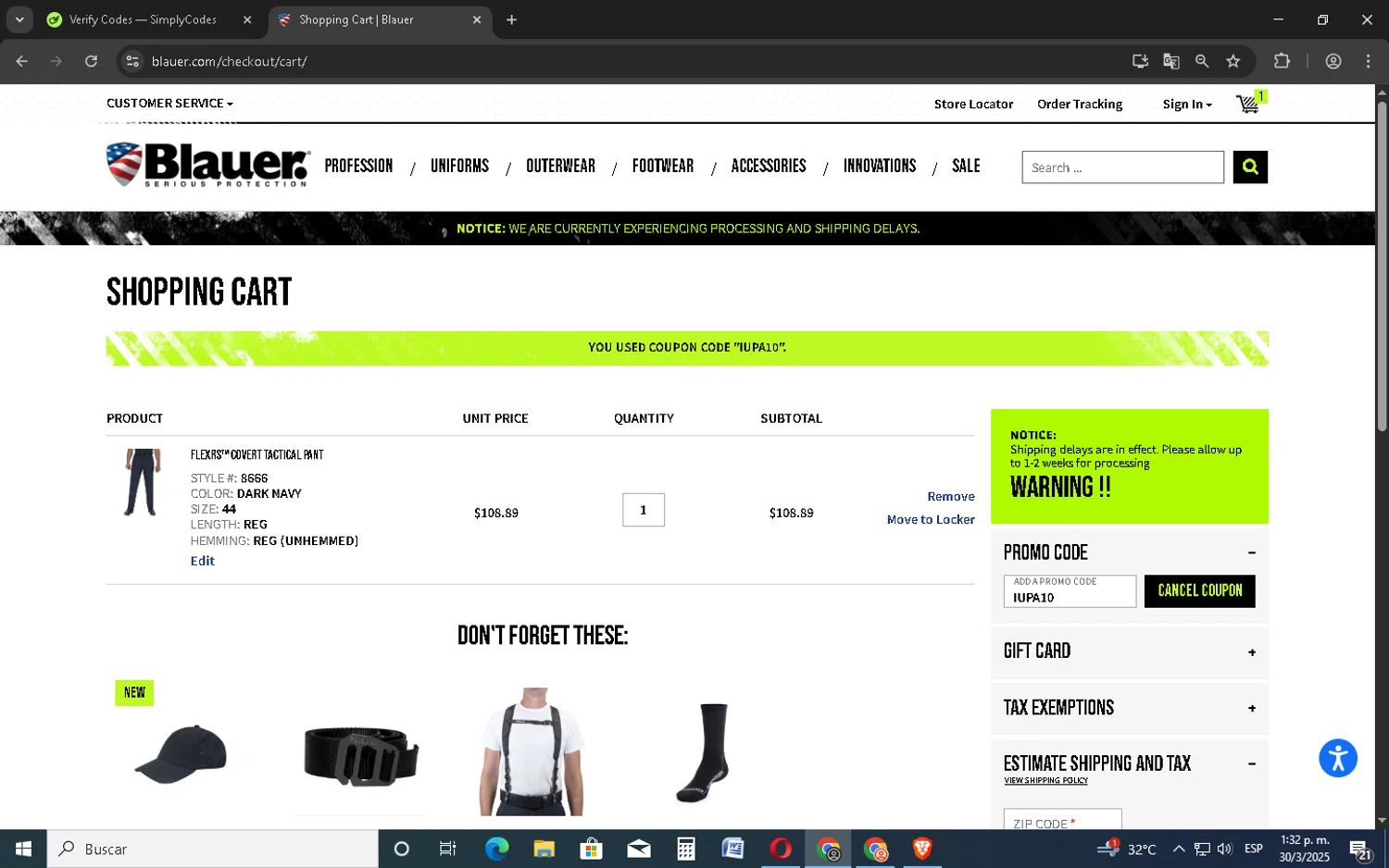 Blauer promo code screenshot showing code IUPA10 applied at Blauer checkout page. Uploaded by SimplyCodes community member BudgetMonarch8952 on Mar 30, 2025