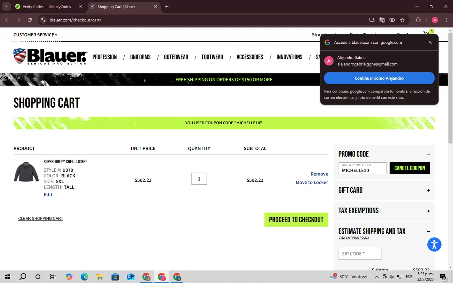 Blauer promo code screenshot showing code MICHELLE10 applied at Blauer checkout page. Uploaded by SimplyCodes community member SaleScholar6713 on Feb 22, 2025