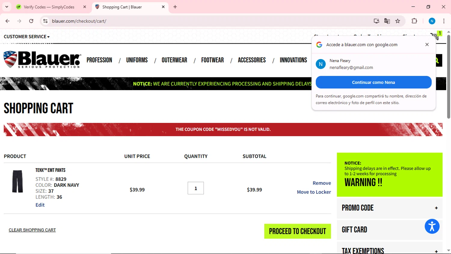 Blauer promo code screenshot showing code MISSEDYOU applied at Blauer checkout page. Uploaded by SimplyCodes community member QuestOwl6398 on Apr 4, 2025