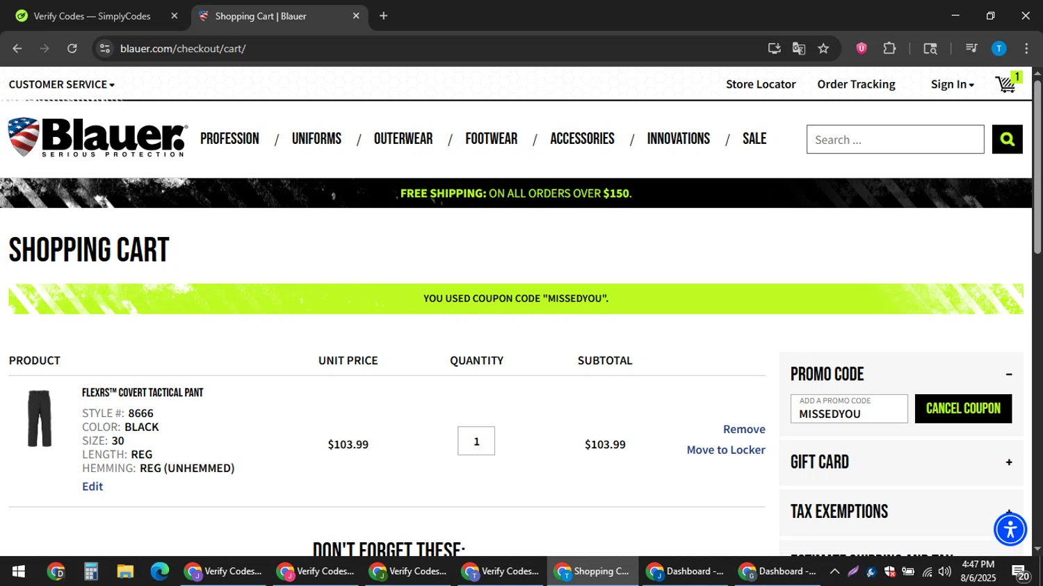 Blauer promo code screenshot showing code MISSEDYOU applied at Blauer checkout page. Uploaded by SimplyCodes community member hankt1521 on Aug 6, 2025
