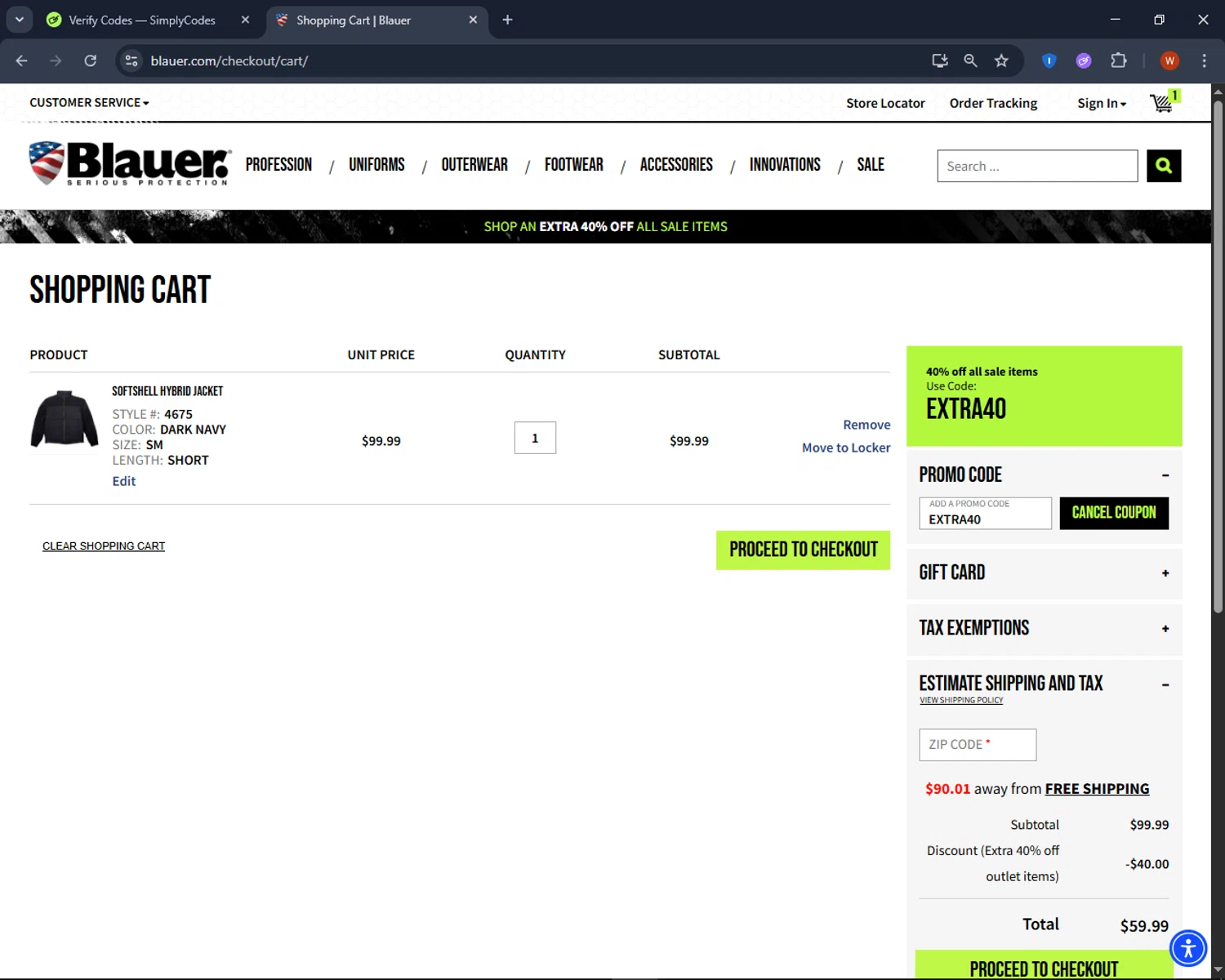 Blauer promo code screenshot showing code EXTRA40 applied at Blauer checkout page. Uploaded by SimplyCodes community member CashPro9699 on Aug 27, 2025