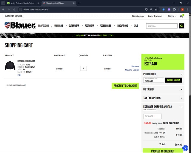 Blauer checkout page showing Blauer promo code box | Screenshot taken by SimplyCodes community member on Aug 27, 2025