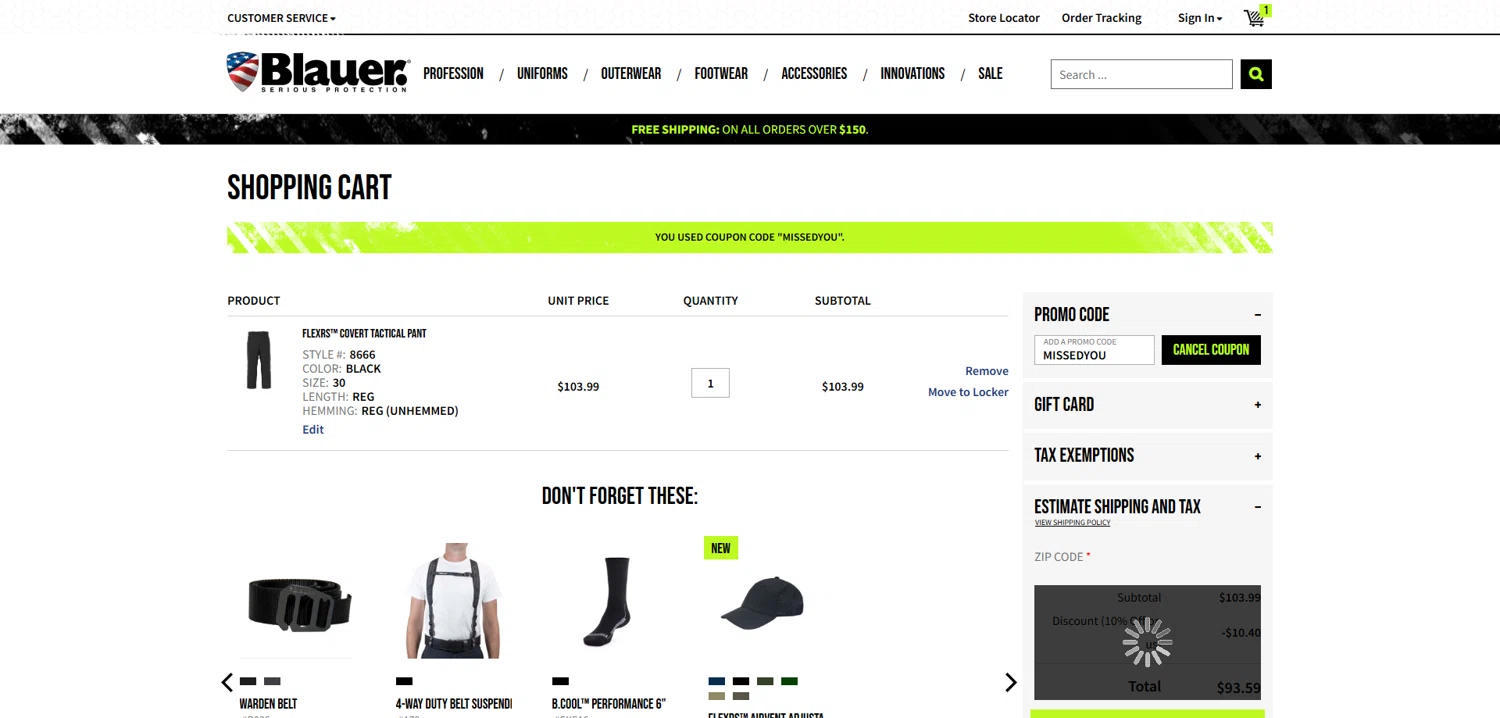 Blauer promo code screenshot showing code MISSEDYOU applied at Blauer checkout page. Uploaded by SimplyCodes community member Dorothy on Aug 6, 2025