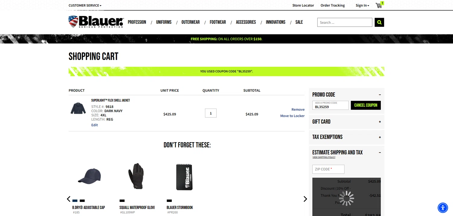 Blauer promo code screenshot showing code BL35259 applied at Blauer checkout page. Uploaded by SimplyCodes community member Dorothy on Aug 11, 2025