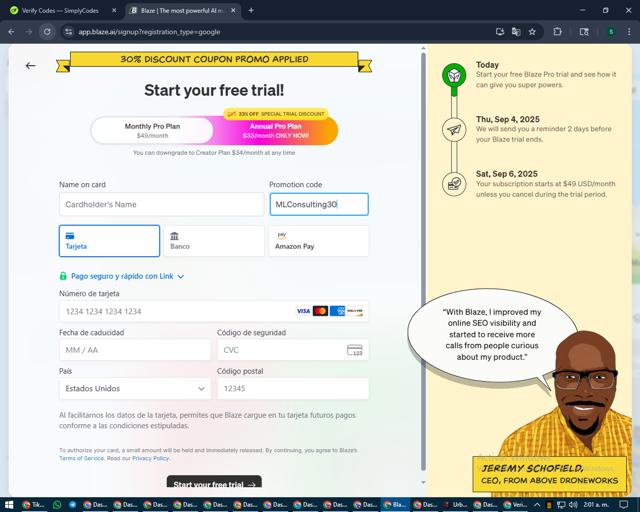 Blaze.ai checkout page showing Blaze.ai promo code box | Screenshot taken by SimplyCodes community member on Aug 30, 2025