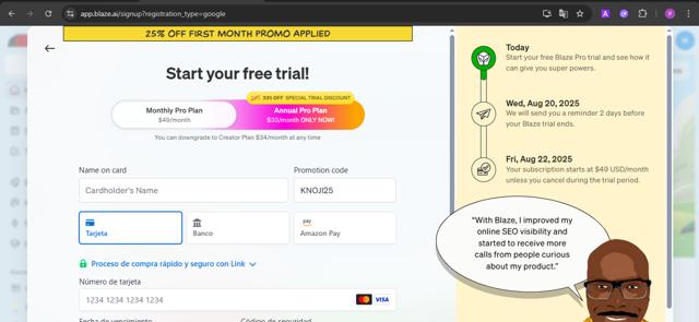Blaze.ai checkout page showing Blaze.ai promo code box | Screenshot taken by SimplyCodes community member on Aug 15, 2025