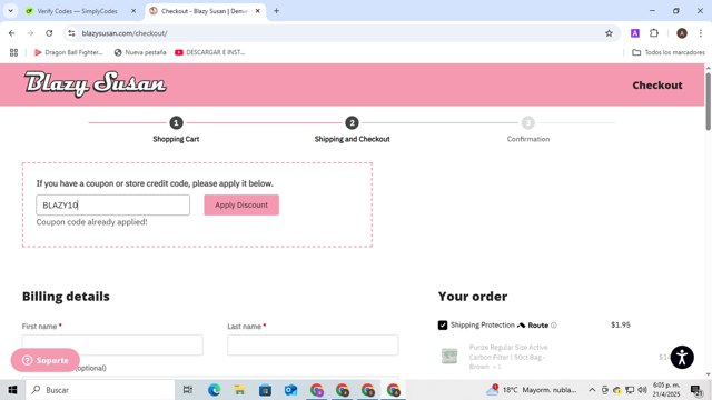 Blazy Susan checkout page showing Blazy Susan coupon code box | Screenshot taken by SimplyCodes community member on Apr 21, 2025