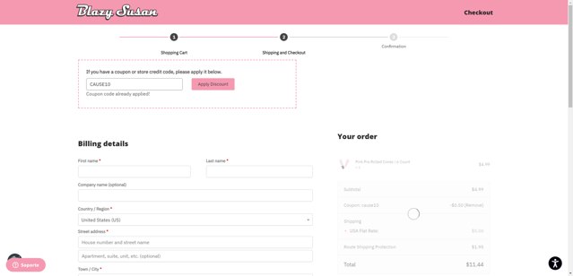 Blazy Susan checkout page showing Blazy Susan coupon code box | Screenshot taken by SimplyCodes community member on Aug 1, 2025