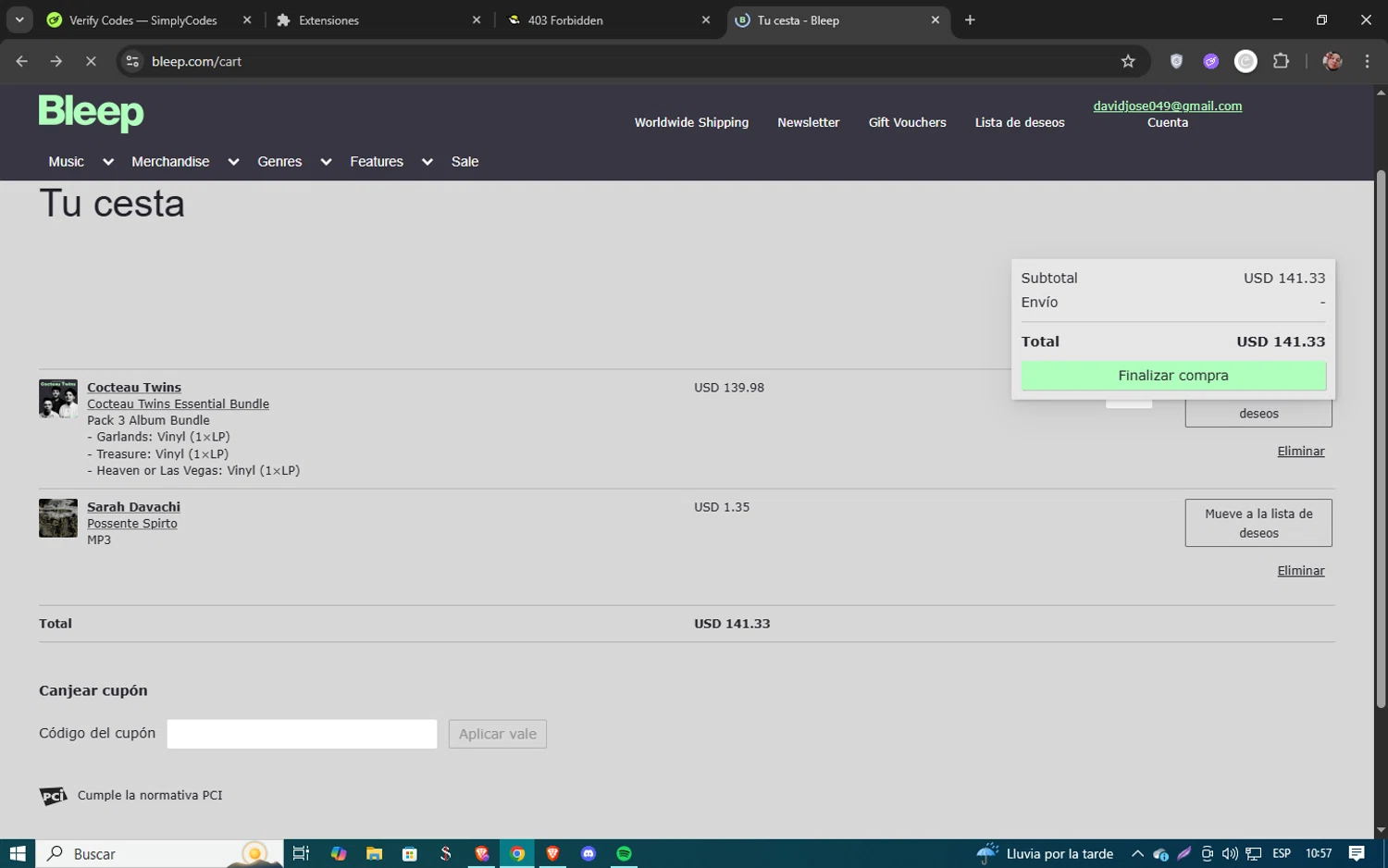 Bleep promo code screenshot showing code LATEMUSIC10 applied at Bleep checkout page. Uploaded by SimplyCodes community member 61451681 on Jul 22, 2025