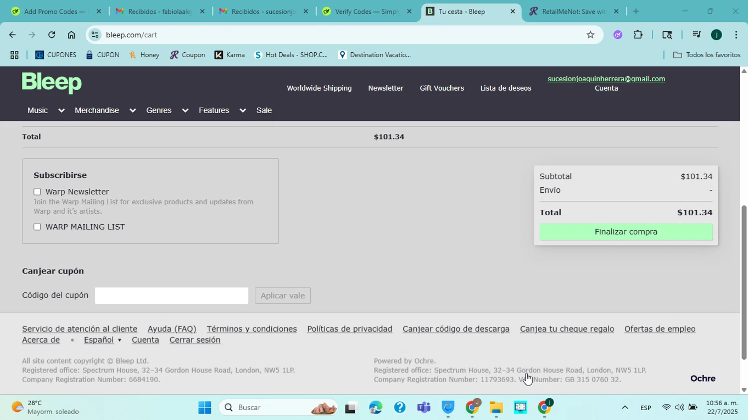 Bleep promo code screenshot showing code LATEMUSIC10 applied at Bleep checkout page. Uploaded by SimplyCodes community member jorgejavierherrera on Jul 22, 2025